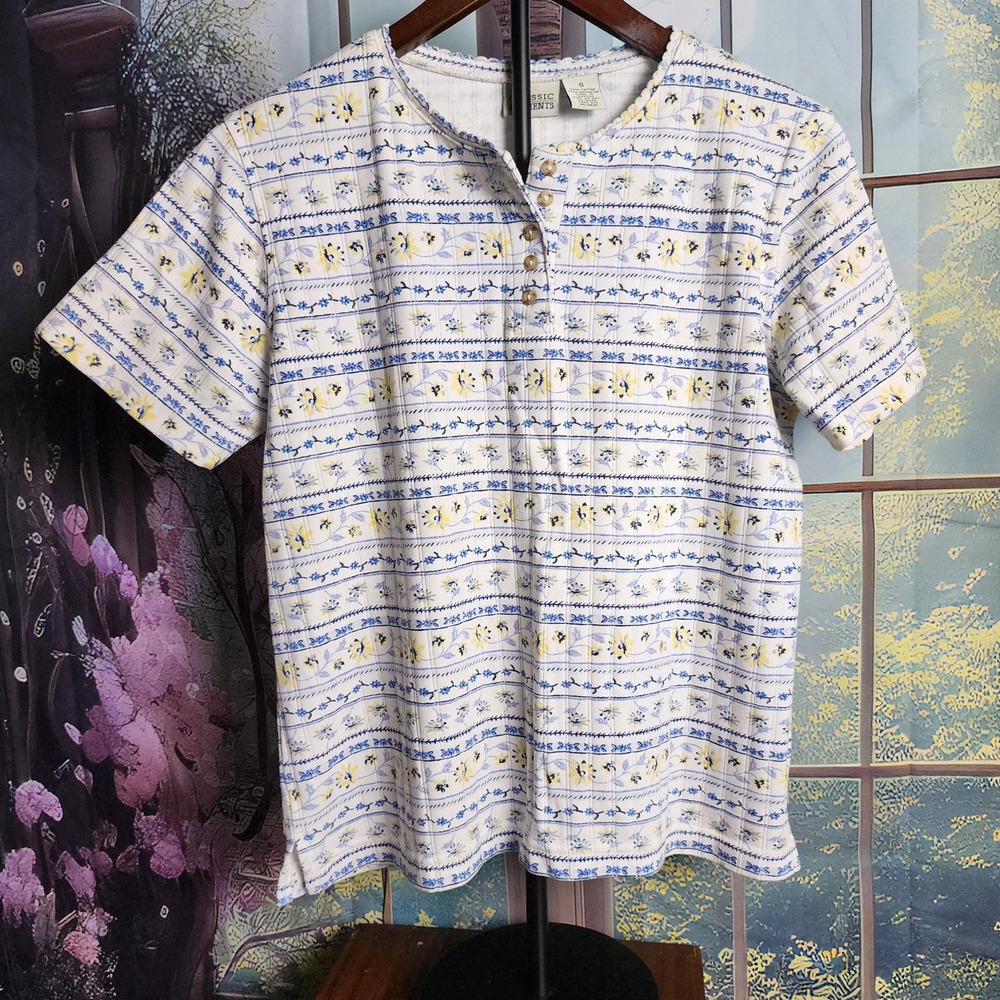 Classic Elements Womens S White Blue Yellow Floral Henley Short Sleeve Ribbed